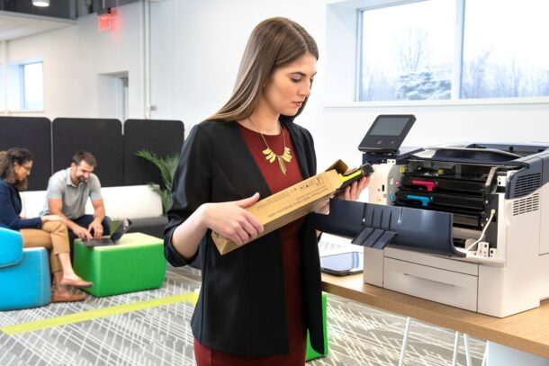 woman standing near xerox printer