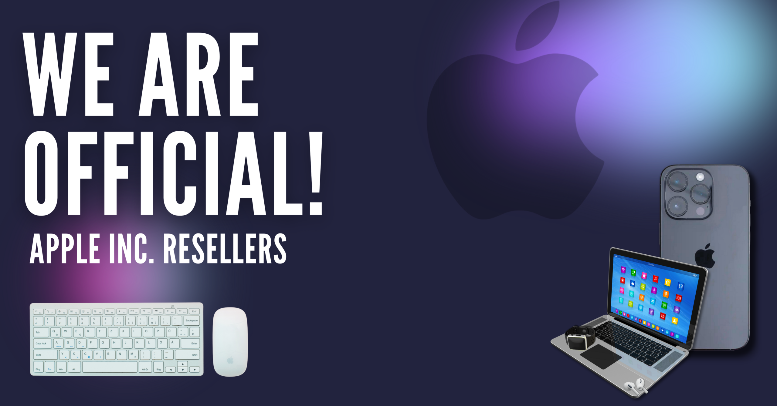 Announcement of becoming official Apple Inc. resellers with Apple products shown.