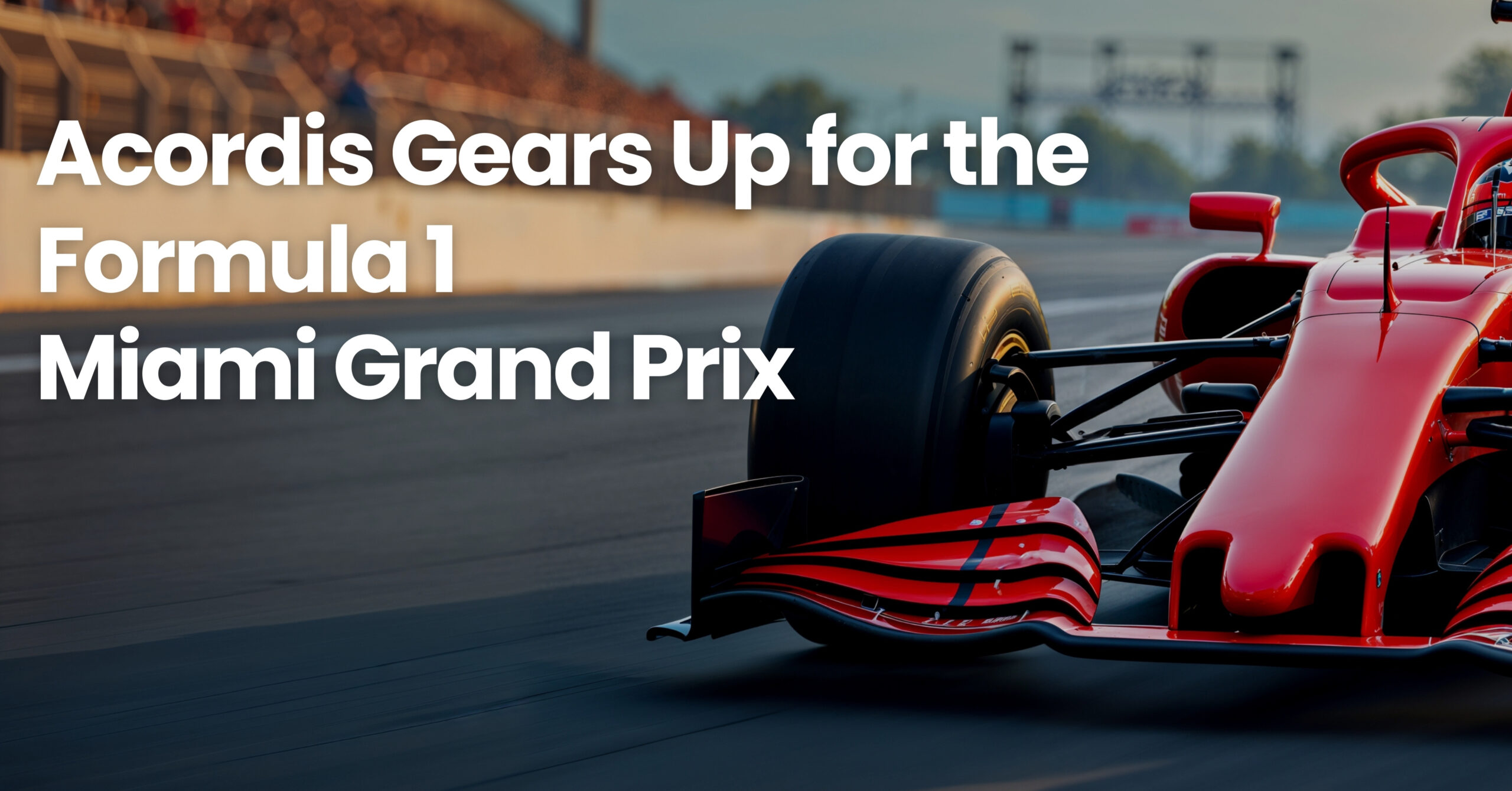 A red Formula 1 car races on the track, promoting the Miami Grand Prix.